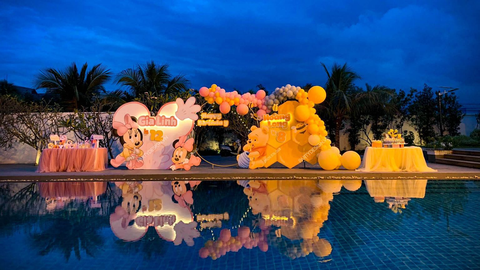 Trang trí sinh nhật hồ bơi ngoài trời - Minnie & gấu Pooh