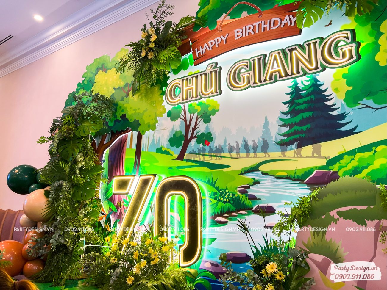 Mẫu backdrop chủ đề rừng xanh, suối, bộ đội - Sinh nhật chú Giang, chủ tịch May Phương Đông (4)