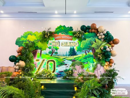 Mẫu backdrop chủ đề rừng xanh, suối, bộ đội - Sinh nhật chú Giang, chủ tịch May Phương Đông